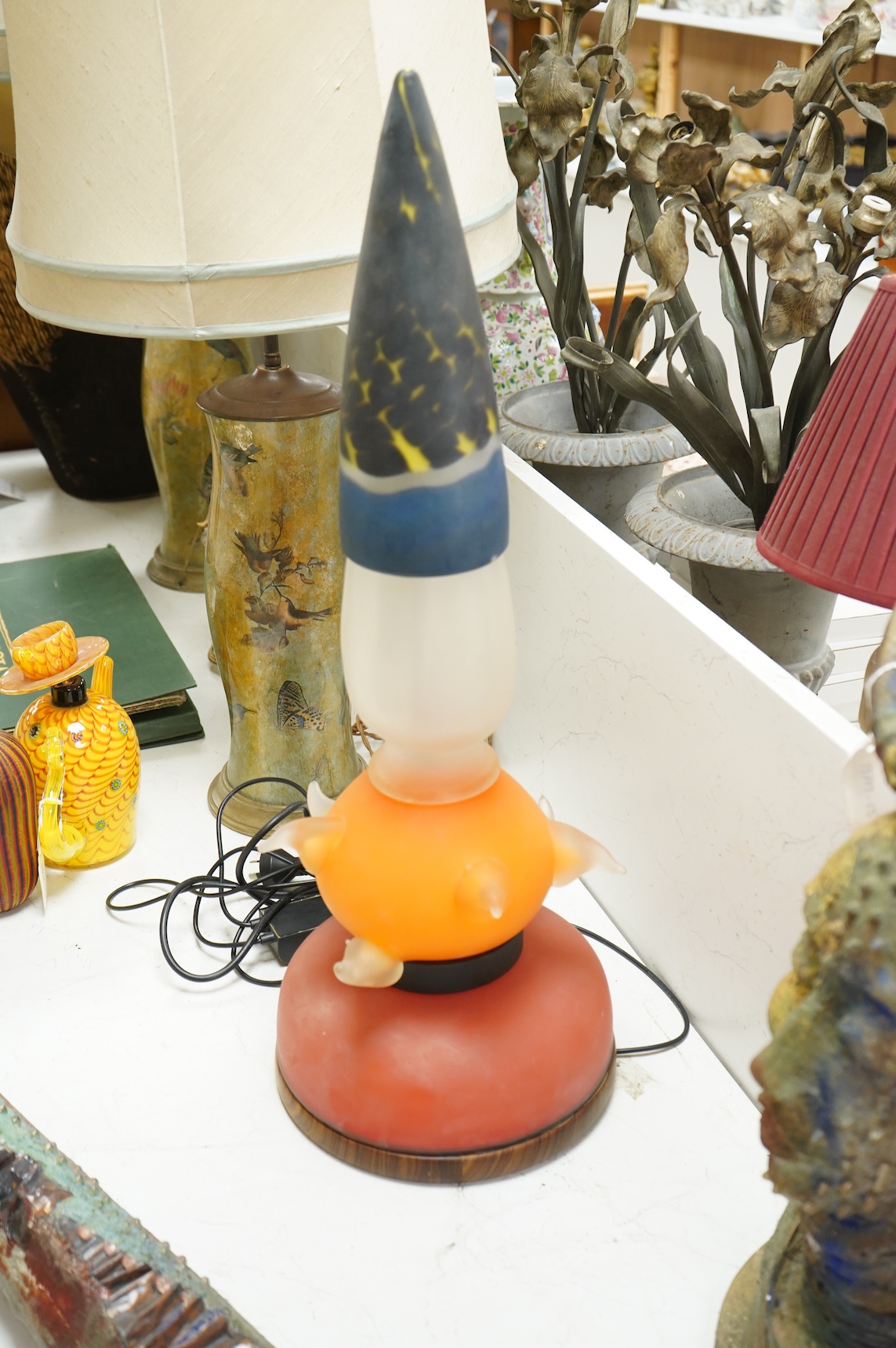 A sculptural coloured glass table lamp, signed DSR - 73cm high